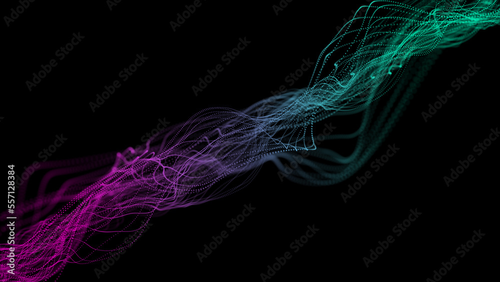 Poster Wave of dots and weave lines. Abstract background. Network connection structure. 3d rendering.