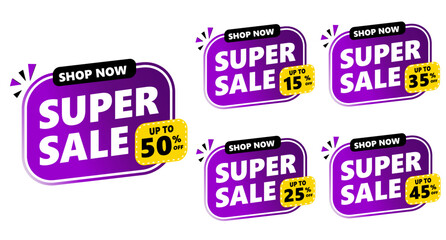 super sale discount banner promotional template purple background set, free vector perfect for your product promotion sales. up to 50 %, 15%, 25%, 35%, 45% off