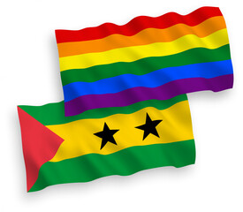 National vector fabric wave flags of Saint Thomas and Prince and Rainbow gay pride isolated on white background. 1 to 2 proportion.