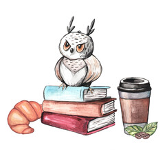 owl sitting on a stack of books watercolor illustration