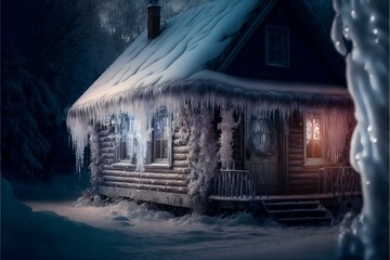 winter wonderland scene with icicles hanging from a roof and a blanket of snow covering the ground (AI Generated)
 - obrazy, fototapety, plakaty