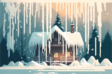 winter wonderland scene with icicles hanging from a roof and a blanket of snow covering the ground, DIGITAL DRAWING (AI Generated)
