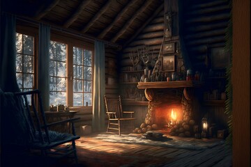 cozy cabin in the woods with a fireplace and warm blankets (AI Generated)
