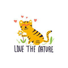 Cute Hand drawn Tiger kissing the flower, perfect for T-shirt and wallpaper