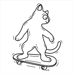 Vector black line cat on a scateboard.