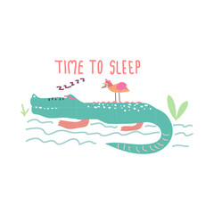 Cute Hand drawn sleeping Crocodile, perfect for T-shirt and wallpaper