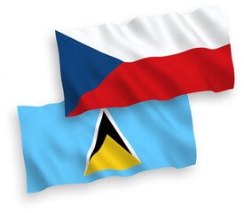 National vector fabric wave flags of Czech Republic and Saint Lucia isolated on white background. 1 to 2 proportion.