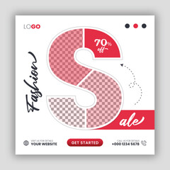 Fashion sale web banner design in creative S letter shape template with images placeholder