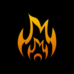 Yellow orange fire flame burning warning sign on black background flat vector icon design.