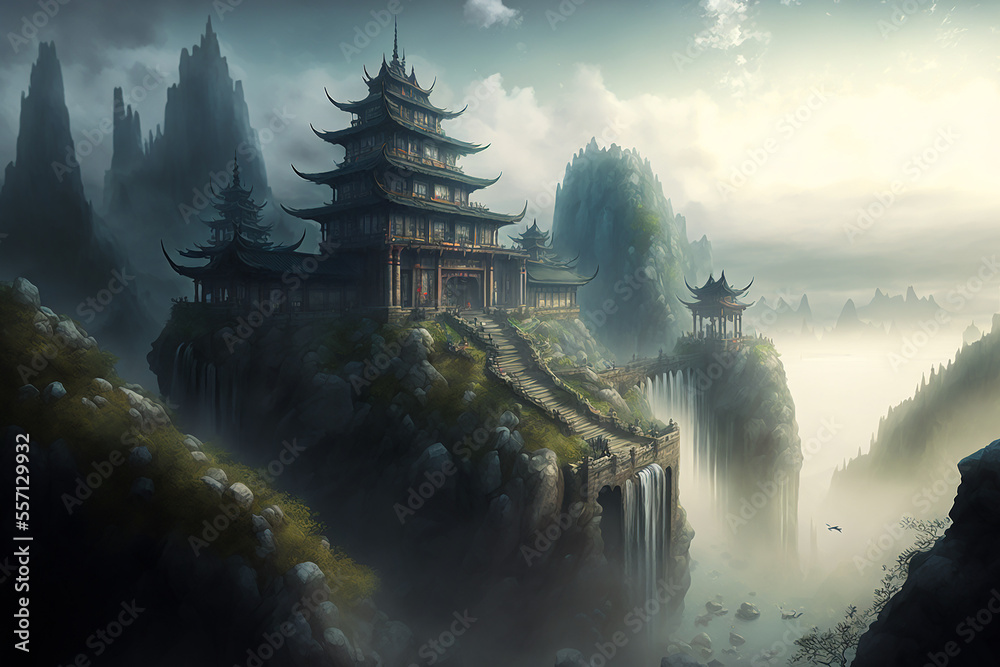 Wall mural great Chinese palace above the clouds. Generative AI