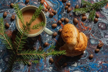 Cup of coffee, beans and cookies on a dark background. Abstract backdrop fluid art
