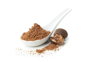 Concept of spices and condiments, nutmegs, isolated on white background