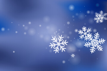 Fototapeta na wymiar Cute flying snowflakes illustration. Winter fleck crystallic particles. Snowfall weather white blue composition.
