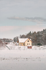 Cozy home exterior in winter. Wooden house in a nature area covered with freshly fallen snow.