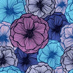 Poppy flower doodle  floral vector seamless pattern summer  fabric print design. Line texture petals