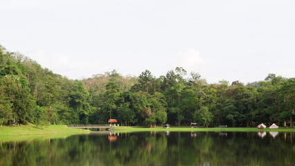 Camping zone alongside the lake at Namtok Samlan National Park in Saraburi Thailand	