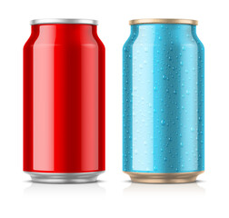 Tin beer can mockup with water drops condensation on the surface. Blank empty label. Isolated white background. Vector illustration