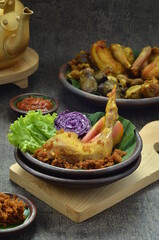 Fried Chicken, Served with vegetable and Sambal. Indonesian Popular Dish, Ayam Goreng.