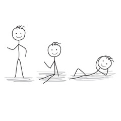 a happy person is standing, sitting, lying, pictogram of a human figure in different poses, sketch, silhouette