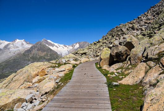 Wooden path at the mountains of Bettmeralp in Valais in Switzerland