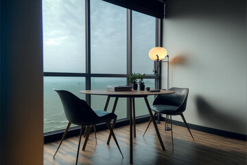 Pleasant meeting room with a view of the ocean. AI produced