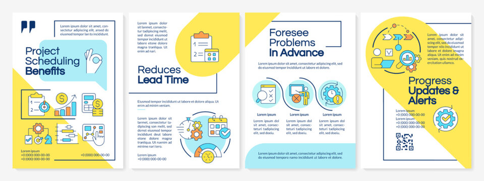 Project scheduling benefits blue and yellow brochure template. Leaflet design with linear icons. Editable 4 vector layouts for presentation, annual reports. Questrial, Lato-Regular fonts used