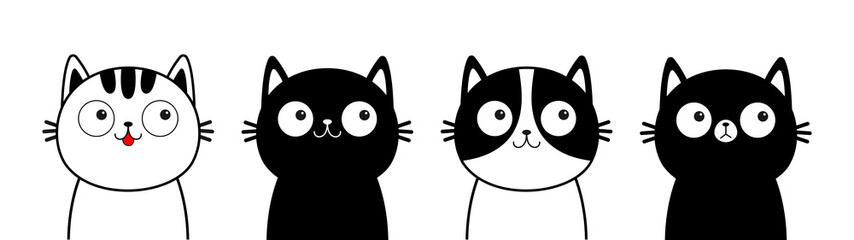White black cat head face line contour silhouette icon set. Cute cartoon funny character. Funny kawaii smiling sad doodle animal. Pet collection. Different emotions. Flat design Baby background
