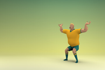 Fototapeta na wymiar An athlete wearing a yellow shirt and green pants. He is pulling or pushing something. 3d rendering of cartoon character in acting.