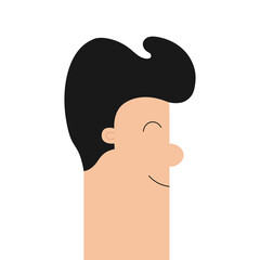 Man face profile. Guy face head. Smiling happy emotion. Cute cartoon funny character. Black hair. Curl hairstyle. Rectangle shape. Successful businessman. Avatar. Flat design. White background.