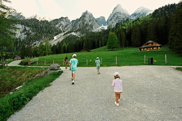 Mother with four kids at Vorderer Gosausee, Gosau, Upper Austria.