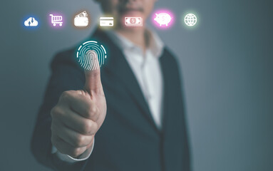 Fingerprint Biometric Digital Scan Technology. Graphic interface showing man finger with print scanning identification. Concept of digital security and private data access by use fingerprint scanner..