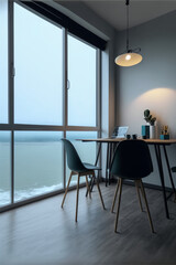 Pleasant meeting room with a view of the ocean. AI produced