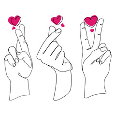 Hand gestures in different poses with hearts set, Finger love symbol.Liner design template for icon,logo,printing,romantic design elements Vector illustration.Female hand gestures line art drawing 