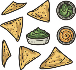 Nachos with guacamole for design. Nacho latin fast food. Traditional mexican food with chips and salsa souce for poster or banner.