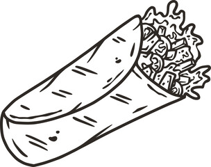Burrito vector with meat and vegetable for design of logo or emblem. Traditional mexican fast food. Burritos latin food with tortilla, leaves lettuce, cheese, tomato, forcemeat, sauce.