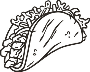 Taco vector with meat and vegetable for design of logo or emblem. Traditional mexican fast food. Tacos Mexico food with tortilla, leaves lettuce, cheese, tomato, forcemeat, sauce.