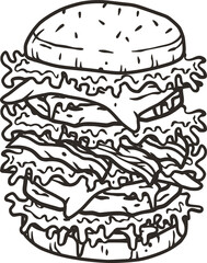 Burger with meat, cheese and vegetable for design of logo or emblem. American fast food or hamburger for label or poster. USA food with bun, lettuce, cheese, tomato, onion, cutlet for store.