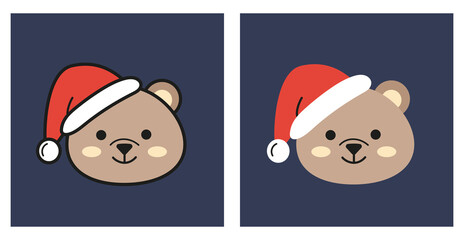 Double vector illustration greeting card winter Christmas bear in a New Year's red hat on a blue background.