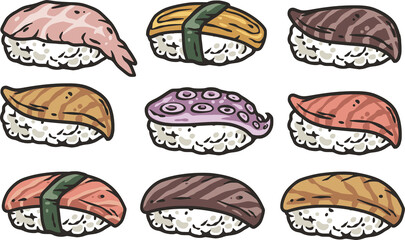 Asian food sushi set with salmon, nori and seafood for design. Japanese or chinese rolls with shrimp and squid