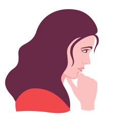 Girl in deep thought. Beautiful young woman with sad preoccupied face is thinking tensely about vector something