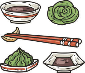 Wasabi, soy sause and chopstick for sushi. Asian food set of sauces for japanese or chinese rolls.