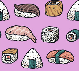 Asian food sushi seamless pattern for seafood background. Japanese or chinese rolls with salmon, nori.