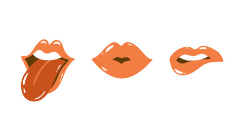 Pink lips set isolated element. Kisses for valentines day, wedding, date, romantic collection. Cartoon open mouth with tongue funny vector illustration. Open lips with teeth. French woman lip, kisses.