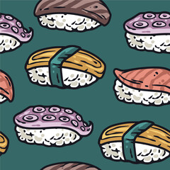 Sushi seamless pattern or japanese seafood backgroundor. Asian food or chinese rolls with salmon, nori.