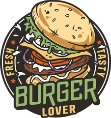 Burger with meat, cheese and vegetable for logo or emblem. American fast food or hamburger for poster. USA food with bun, lettuce, cheese, tomato, onion, cutlet for store.