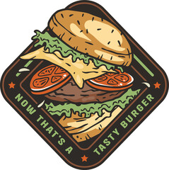 Burger with meat, cheese and vegetable for logo or emblem. American fast food or hamburger for poster. USA food with bun, lettuce, cheese, tomato, onion, cutlet for store.