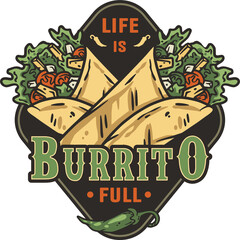 Burrito mexican food with meat and vegetable for logo or emblem. Traditional burritos latin fast food with tortilla, leaves lettuce, cheese, tomato, forcemeat, sauce.