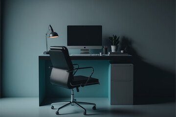 Minimalistic office cabin with computer and chair. AI produced