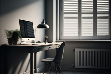 Minimalistic office cabin with computer and chair. AI produced