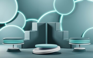 3D render of Podium background in blue tones for displaying cream products. cosmetics